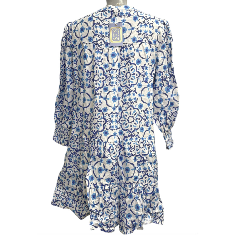SAIL TO SABLE STS BLUE WHITE MEDALLION PRINT LONG SLEEVE TUNIC FLARE DRESS XL - Picture 3 of 7